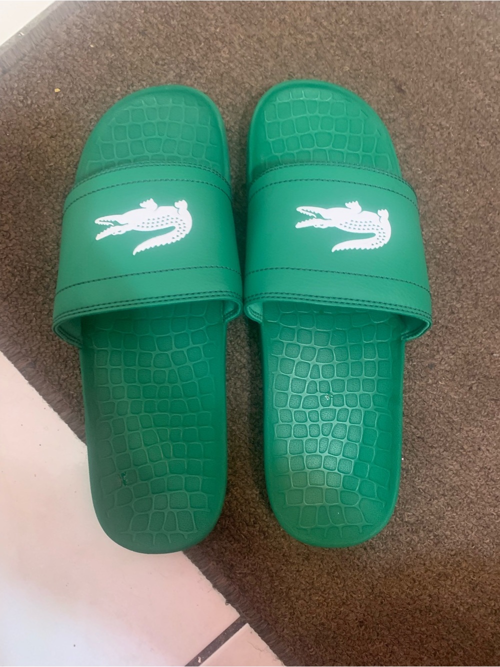 Lacoste Green Croc-Texture Slide Sandals with White Logo